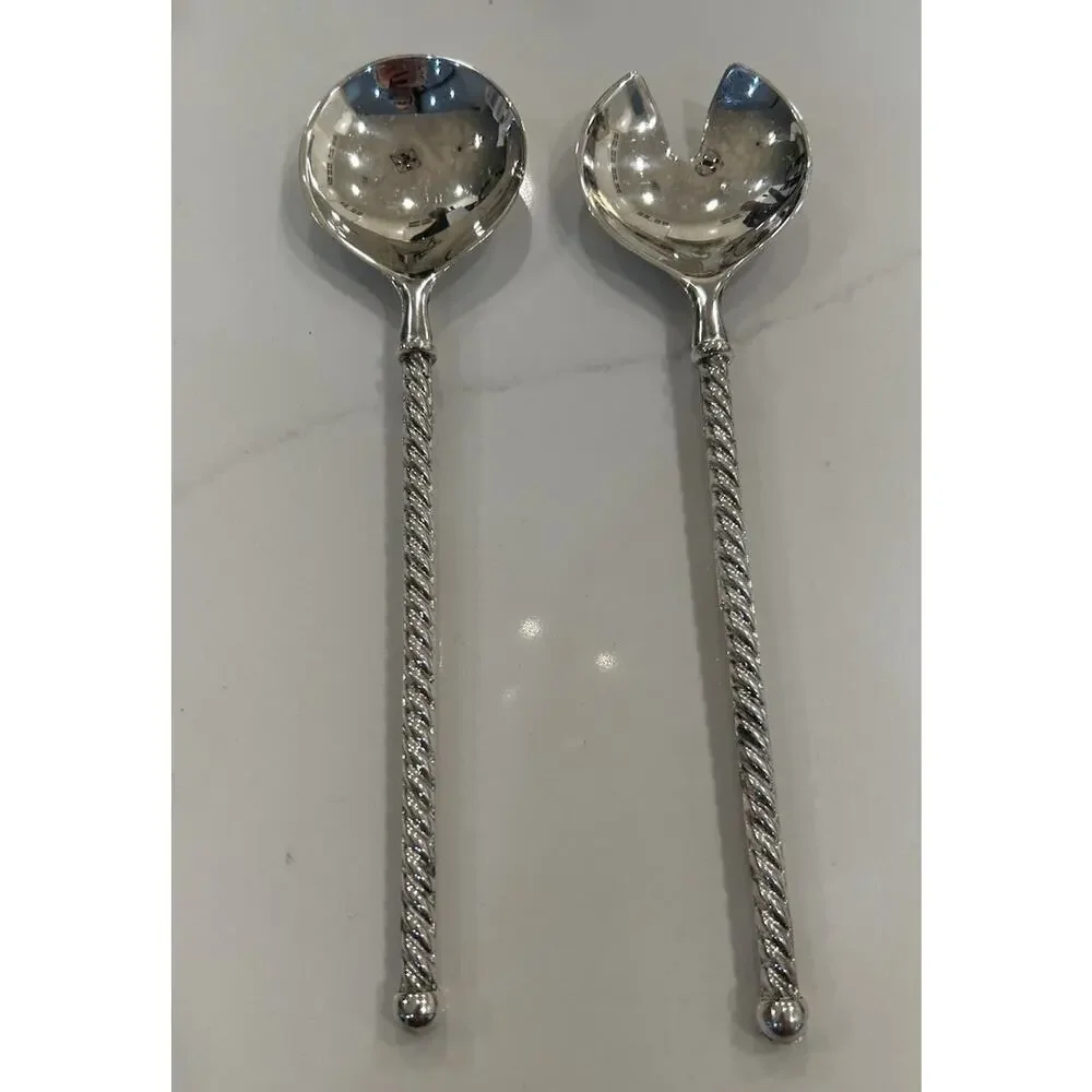 Vtg EP ZINC Italy Serving Salad Spoon and Fork Set Twisted Silverplated 9.5
